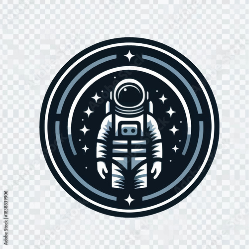Astronaut in Space Suit Surrounded by Stars in Circular Emblem.