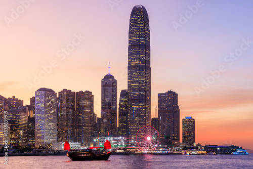 Photography Hong Kong city skyline at sunset with glowing sky and skyscrapers