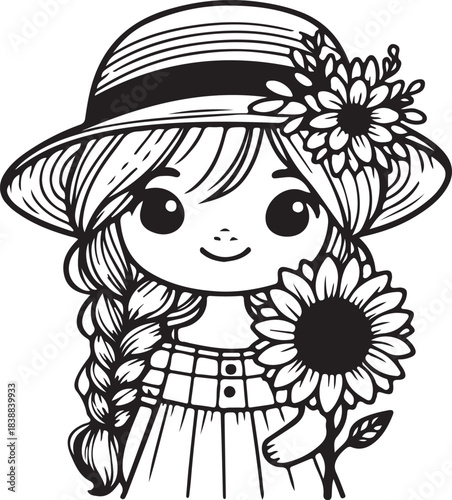 Cute little girl with braided hair wearing a sun hat and holding a sunflower
