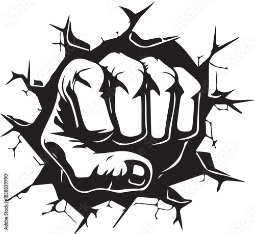 Fist punching through a surface, breaking the wall, isolated on white