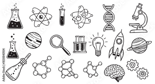 Hand drawn science icons and laboratory equipment set in vector
