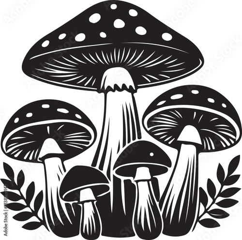 Black and white illustration of five spotted mushrooms with foliage, isolated on