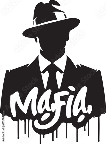 Silhouette of a man in a fedora and suit with the word mafia isolated on white