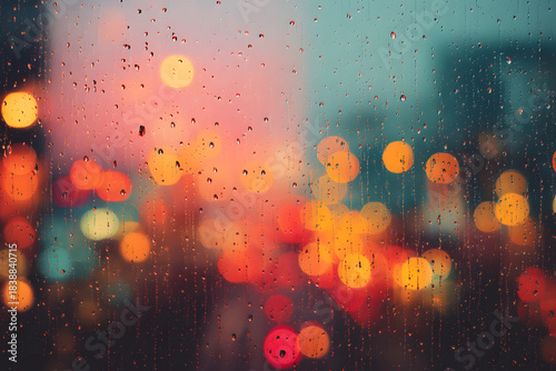 Rain on Window Rainy cityscape at sunset with blurred colorful bokeh and water droplets on glass.