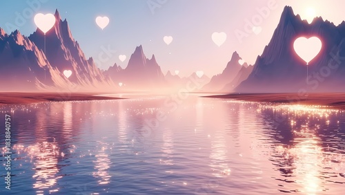 Romantic dawn over a serene mountain lake, adorned with glowing heart-shaped lights reflecting on the tranquil water, creating a dreamy landscape of love and beauty