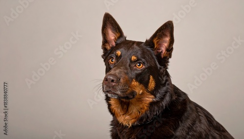 A regal canine gazes pensively. Deep brown fur and alert eyes against a neutral backdrop