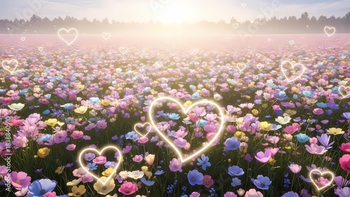 Field of blooming wildflowers with glowing heart shapes scattered throughout, evoking a sense of love and nature's beauty