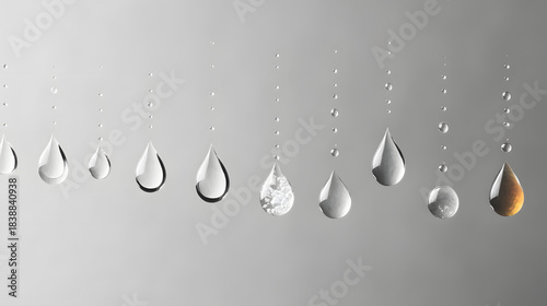 Rain on Window Collection of water droplets in various stages falling against a neutral gray background.