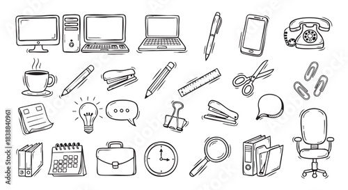 Office and business doodles illustration with computer and office supplies