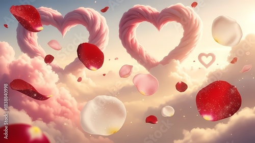 Romantic sky filled with fluffy clouds and floating heart shapes, adorned with falling rose petals, evoking feelings of love and celebration