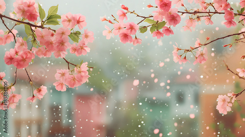 Rain on Window Pink cherry blossoms blooming on branches with soft spring background and floating petals.