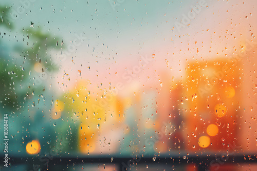 Rain on Window Rain droplets on a glass window with blurred colorful city lights at sunset.