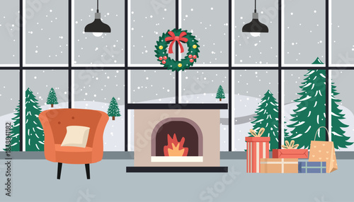 Cozy Christmas Interior with Fireplace and Snowy Winter Window View. House winter interior. New year snowy day house.
