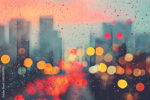 Rain on Window Rainy cityscape at dusk with blurred colorful bokeh lights and raindrops on window.