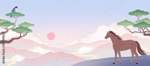 Traditional Korean New Year 2026 Greeting Card with Horse and Magpie