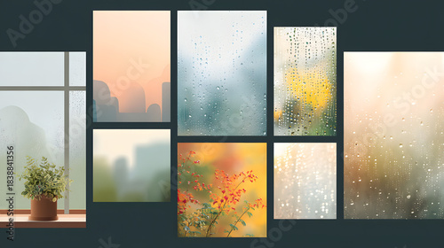 Rain on Window Fresh healthy food ingredients on wooden table.