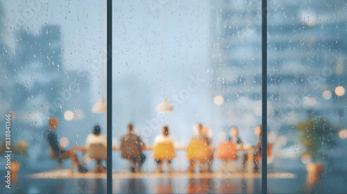Rain on Window Indoor Meeting Room View Through Rain-Drizzled Glass Window with Blurred People and Cityscape.