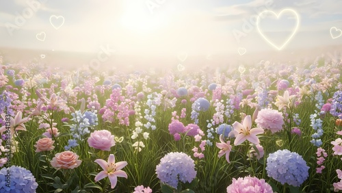 A serene field of vibrant flowers bathed in warm sunlight, with glowing heart shapes floating gently in the sky, creating a romantic and dreamy atmosphere for any occasion