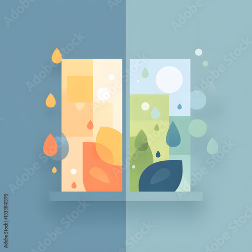 Rain on Window Abstract Digital Illustration of Colorful Water Droplets and Bubbles on Glass Windows.