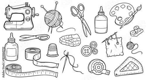 Sewing and Knitting Line Art Composition of Craft Supplies and Tools