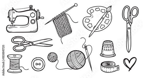 Sewing kit equipment icons thread button needle machine scissors illustration