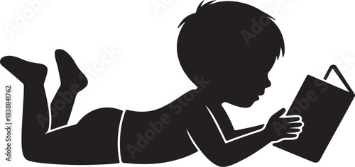 silhouette child reading book icon relaxed pose vector illustration