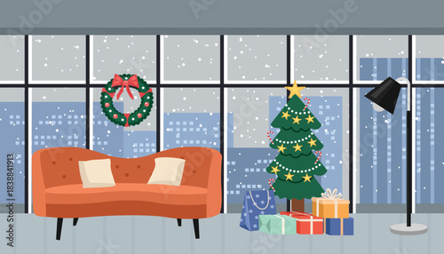 Cozy Christmas Living Room with Snowy City View. Apartment living room. Apartment with city view. New year house.