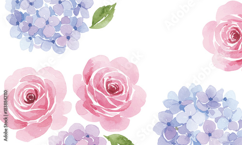 Delicate Watercolor Floral Arrangement Roses and Hydrangeas in Soft Hues