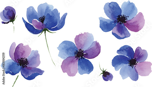 Elegant watercolor floral illustrations showcasing a vibrant blend of blue and purple petals, perfect for artistic spring design concepts, digital patterns, and nature-inspired decorative elements.
