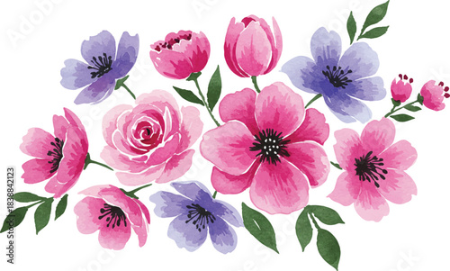 Embrace the delicate beauty of nature's artistry with this exquisite watercolor floral illustration, perfect for adding a touch of elegance and vibrant charm to any creative project or design.
