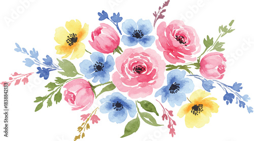 Delicate Watercolor Floral Arrangement A Blooming Bouquet of Roses and Wildflowers in Soft Hues