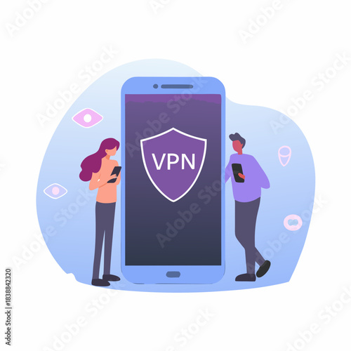 People interacting with a large smartphone displaying a vpn security shield