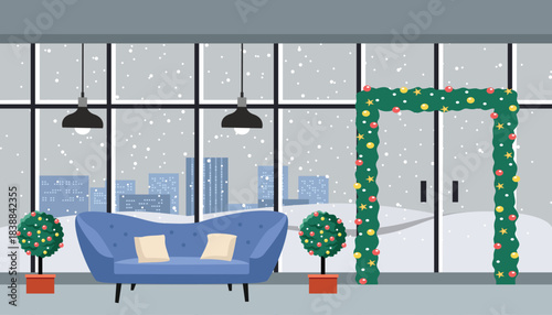 Cozy Winter Interior with City View and Festive Decorations. Glass house illustration. Glass door. Snowy house.