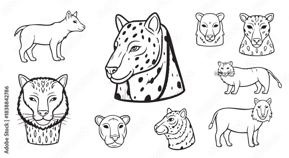Obraz premium Wildlife animals coloring page with various creatures in black outlines
