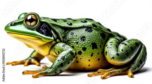Detailed close-up of a vibrant green frog with black spots and yellow belly isolated on white background