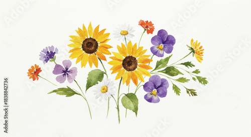 Vibrant watercolor illustration showcasing a diverse and cheerful meadow bouquet with golden sunflowers, white daisies, and purple pansies, embodying the freshness of spring and summer floral arrangem