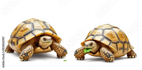 Two African Spurred Tortoises eating green leaves isolated on white background