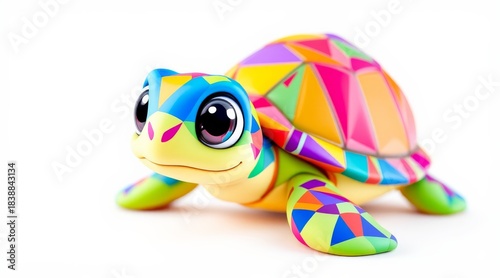 Cute cartoon turtle with a colorful geometric shell design on white background