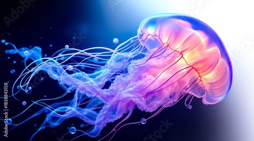 Jellyfish with glowing translucent bell and flowing tentacles in vibr
