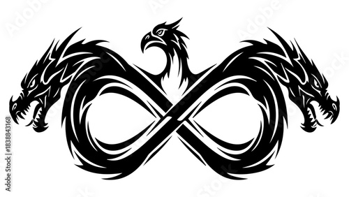 Stunning infinity loop design featuring two fierce dragons and a central eagle