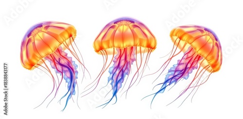 Three vibrant, glowing jellyfish with orange and purple hues and flowing tentacles isolated on white background.