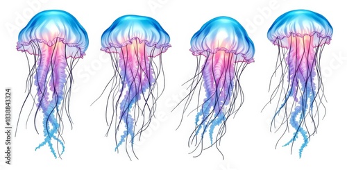 Jellyfish with translucent blue and pink bells and long trailing tentacles isolated on white background