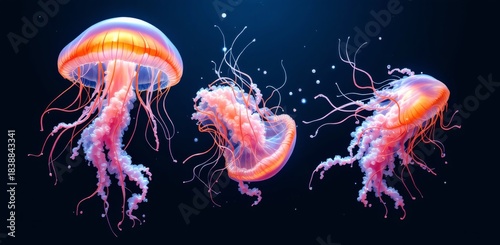 Jellyfish with vibrant orange and pink tentacles gracefully floating in dark blue water with small luminous bubbles.