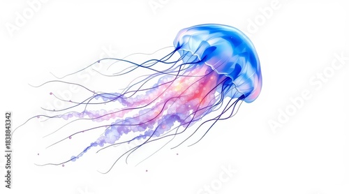 Jellyfish with translucent blue and pink bell and long flowing tentacles isolated on white background