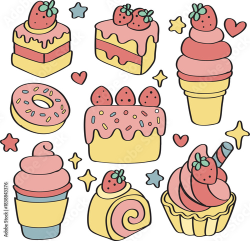 Sweet Pastel Strawberry Dessert Collection with Cakes, Ice Cream, and Donuts