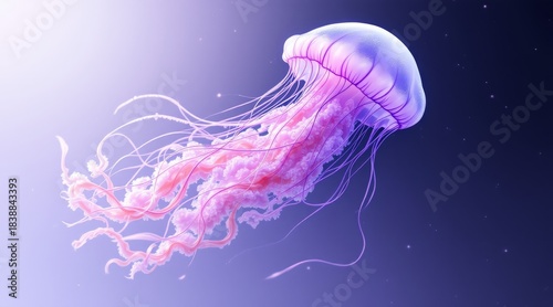 Jellyfish with translucent purple bell and flowing pink tentacles drifting in a dark, starry ocean