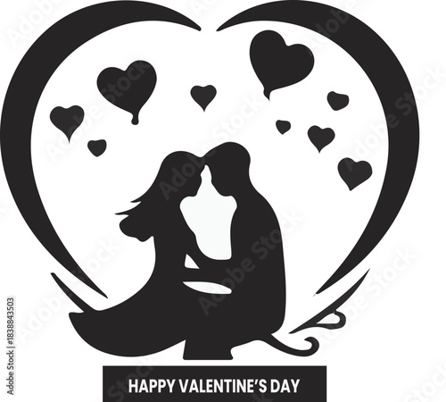 Silhouetted couple embracing within a heart shape with floating hearts and text