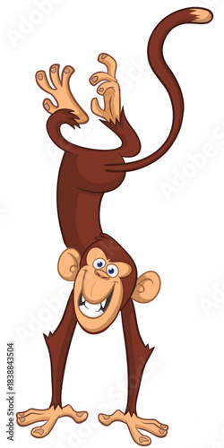 Cartoon funny monkey chimpanzee standing upside down. Vector illustration isolated on white