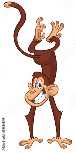 Cartoon funny monkey chimpanzee standing upside down. Vector illustration isolated on white