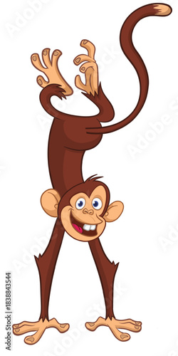 Cartoon funny monkey chimpanzee standing upside down. Vector illustration isolated on white